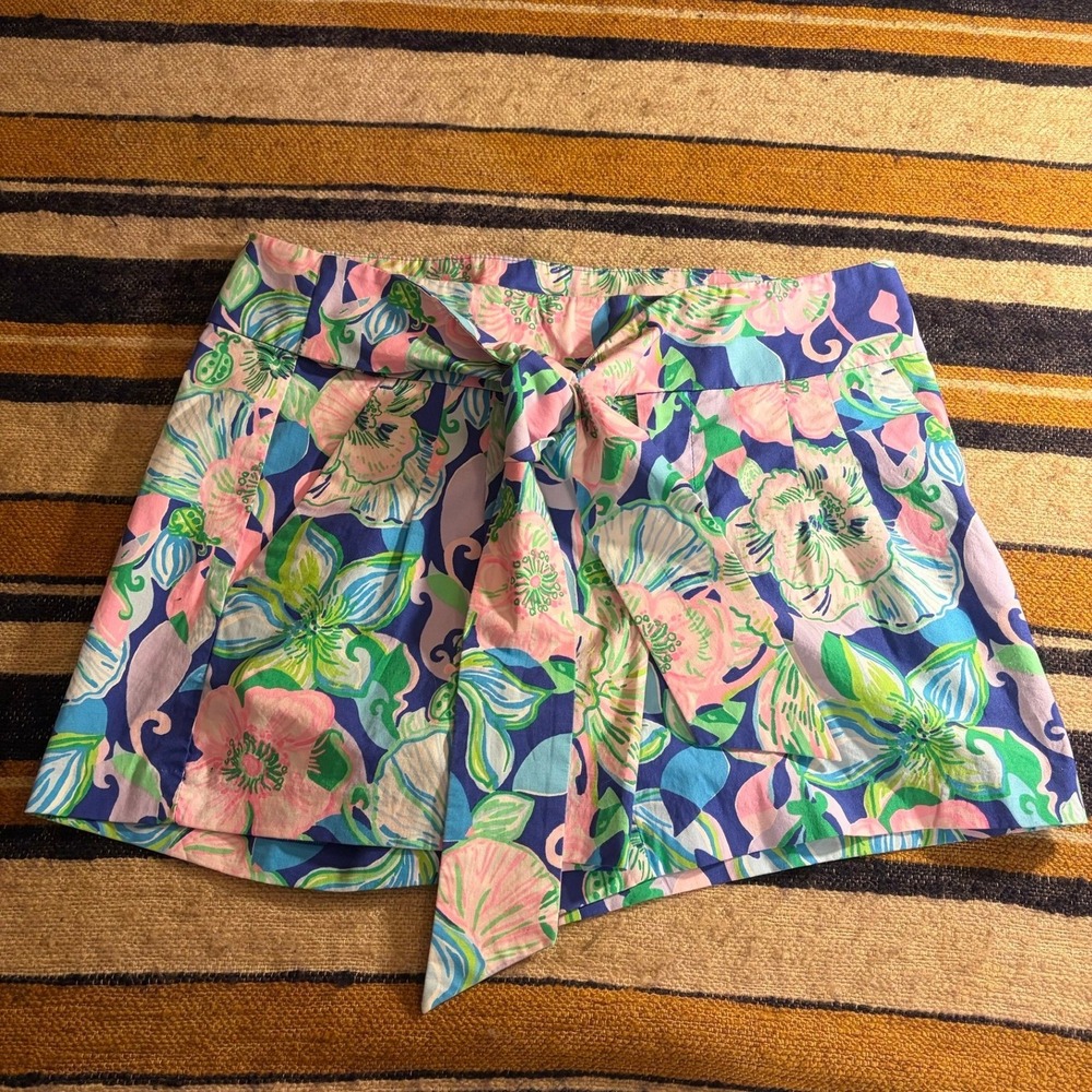 Lilly Pulitzer Shorts 8 Blue Pink Floral Tie Waist Cotton Stretch Summer Preppy